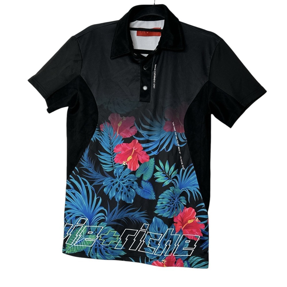 VIE + RICHE Paris‎ Polo Shirt Mens Small Floral Hem Logo Short Sleeve Stretch